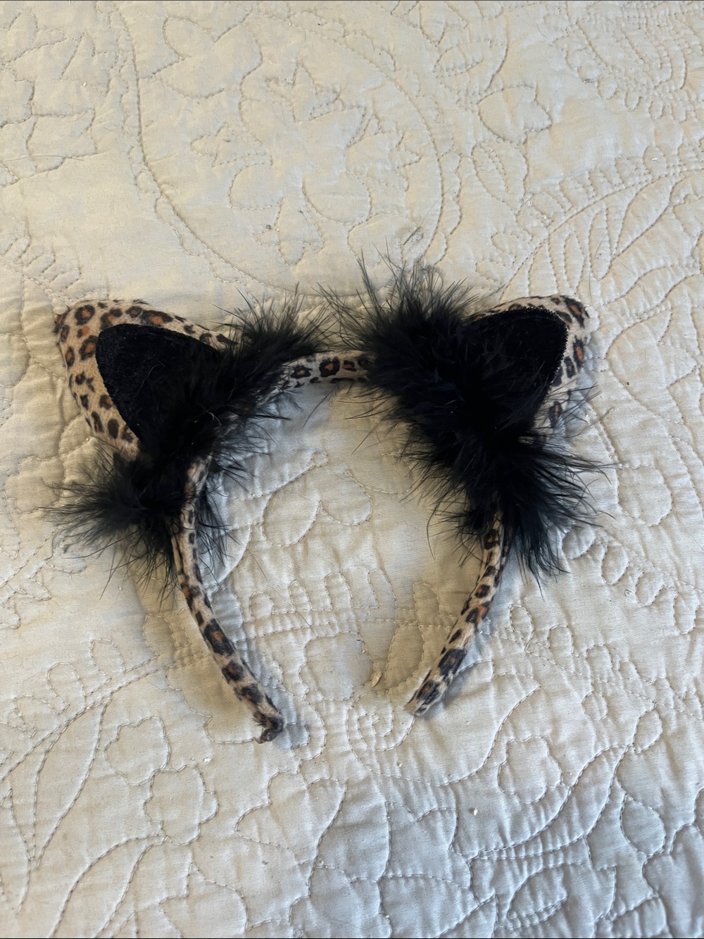 Leopard Print Cat Ear Headband with Black Feathers